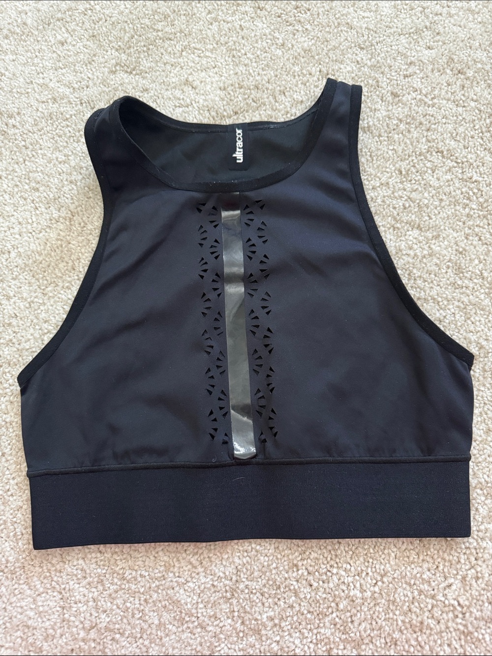 ultracor Black High-Neck Crop Sports Bra with Laser Cut Detail